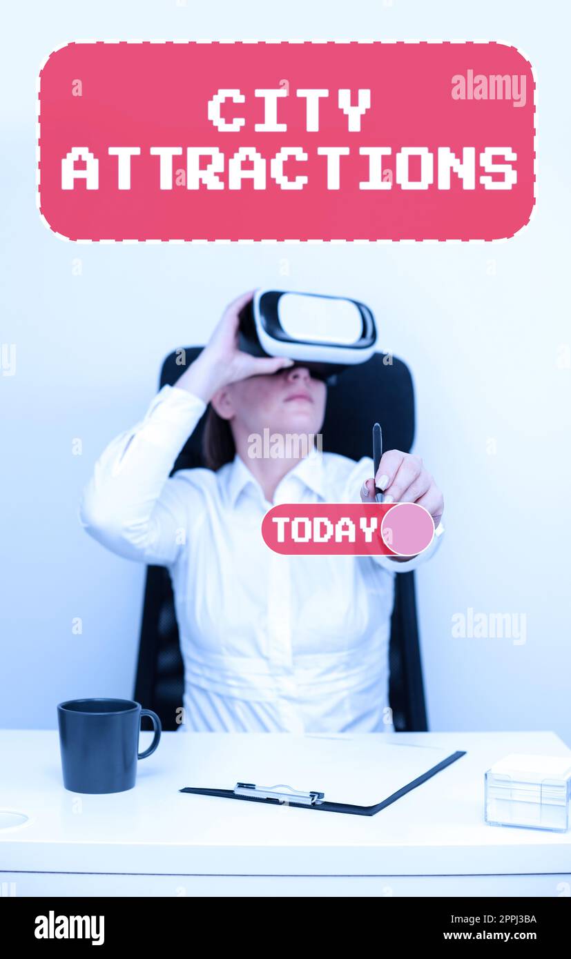 Text mit Inspiration City-Attraktionen. Geschäftsansatz On-Demand-Verfügbarkeit von Computersystemressourcen Womding Pen and Learning Skill durch Virtual Reality Simulator. Stockfoto