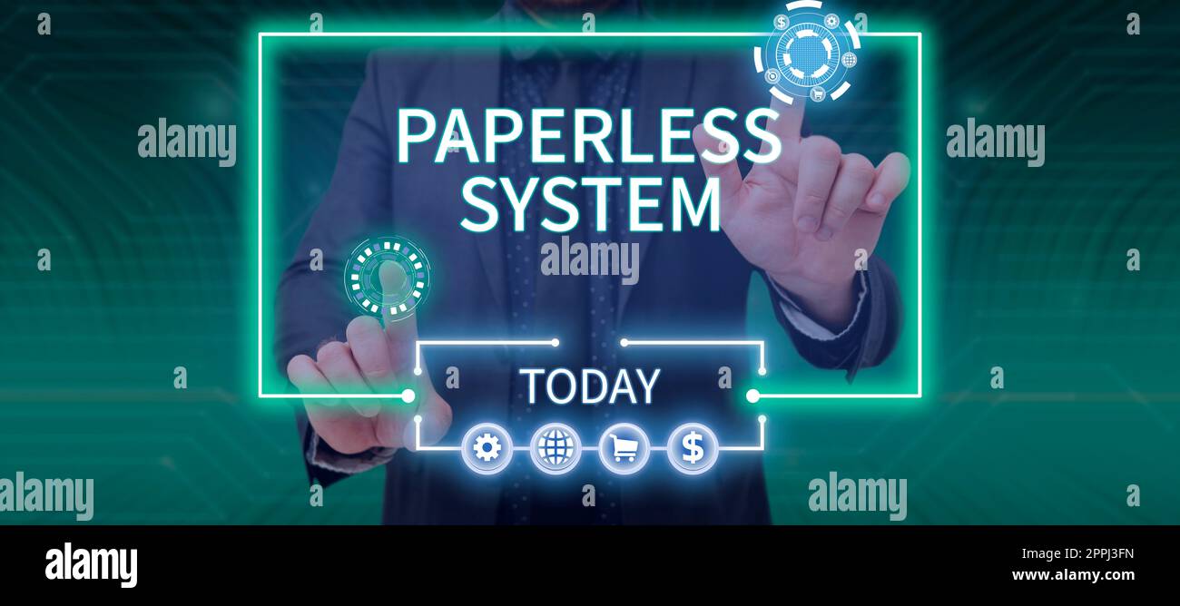 Konzeptunterschrift Papierloses System. Geschäftsidee Beachten oder überlegen Sie etwas oder jemanden sehr sorgfältig Stockfoto