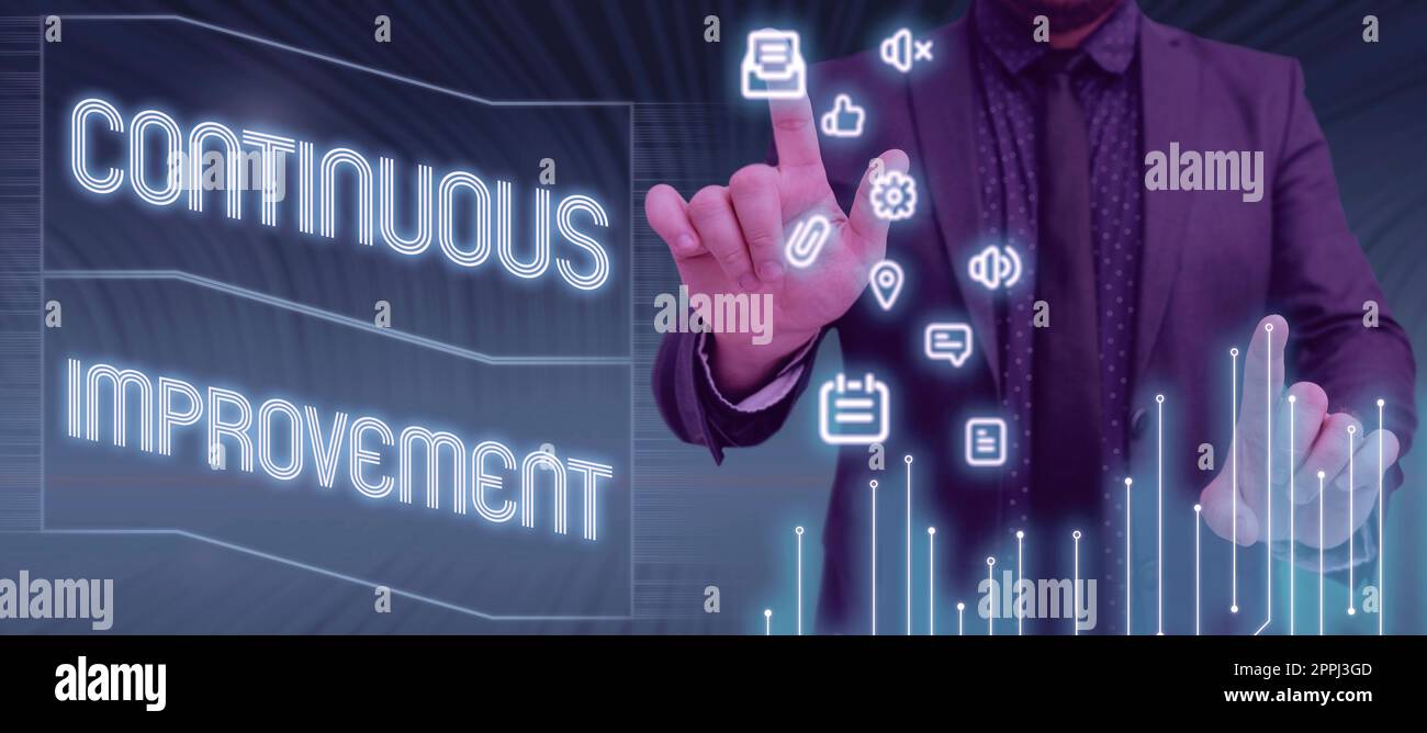 Konzeptionelle Beschriftung kontinuierliche Verbesserung. Ein Wort für kleine, konsistente Verbesserungen im Laufe der Zeit Geschäftsmann zeigt mit zwei Fingern auf S und präsentiert neue Ideen. Stockfoto
