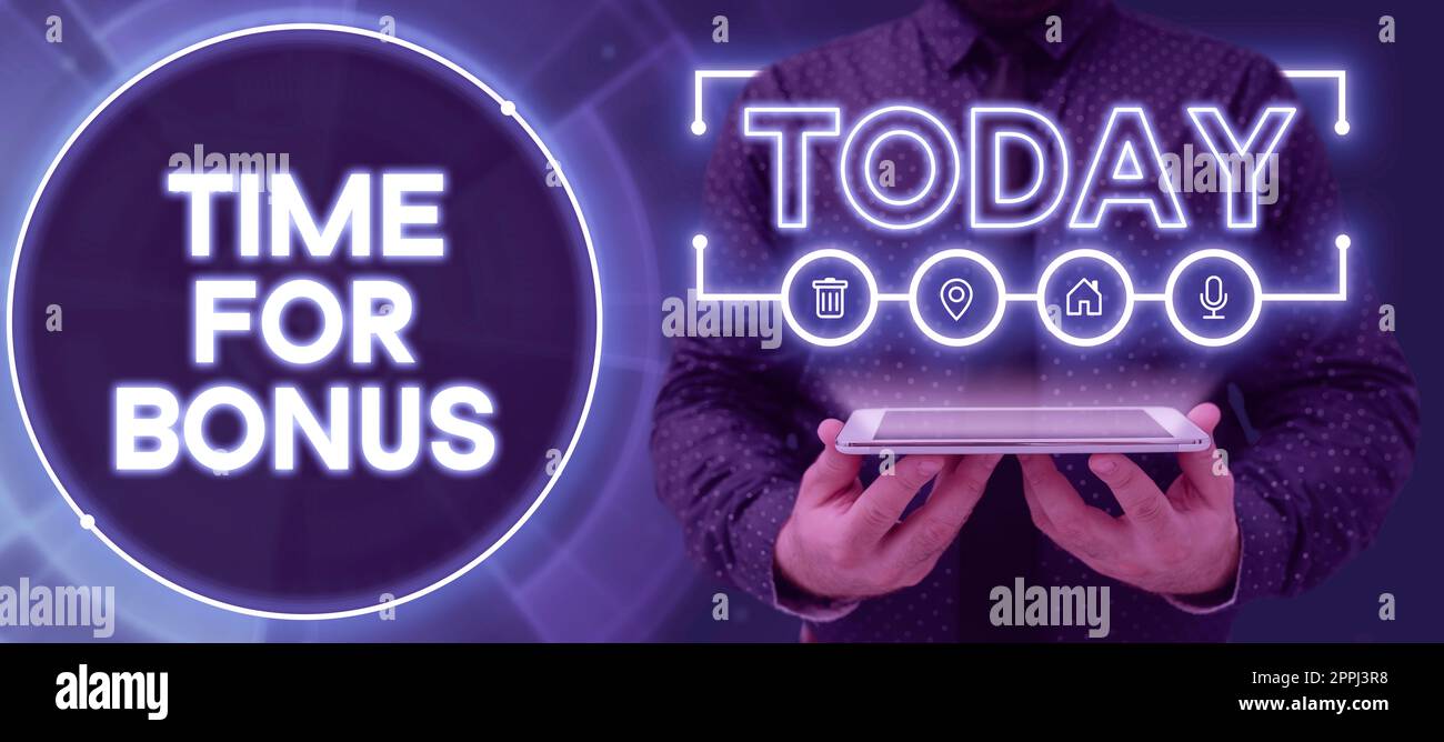 Text, der die Inspirationszeit für den Bonus anzeigt. Business Showcase begrenztes exklusives Angebot, zusätzliche Rabatte, verrücktes Angebot Kollegen wichtige Informationen auf dem Computerbildschirm einfügen. Stockfoto