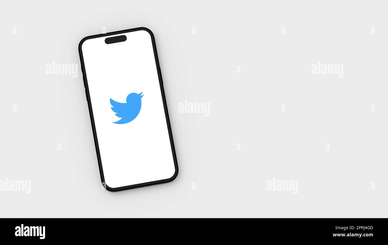 Twitter-Logo auf dem Handybildschirm auf grauem Hintergrund mit Kopierbereich Stockfoto