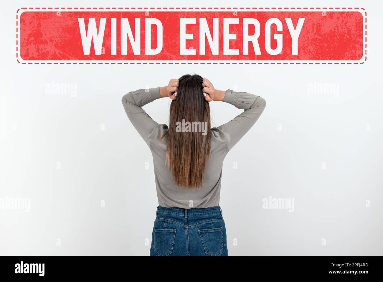 Textunterschrift für Windenergie. Konzeptfoto der Prozess, bei dem Wind zur Stromerzeugung verwendet wird Stockfoto