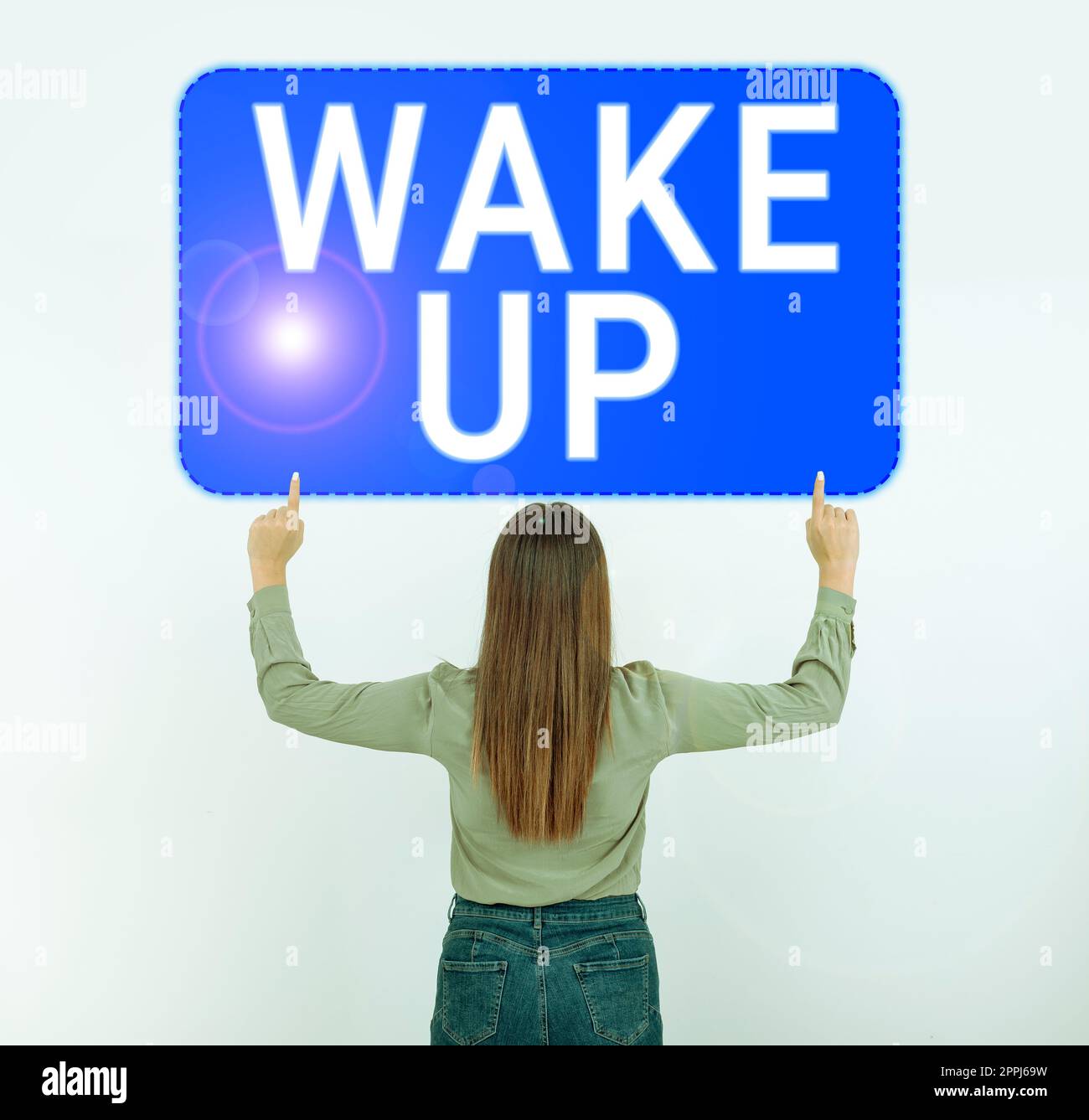 Inspiration mit dem Schild Wake up. Ein Wort, das auf einem Fall geschrieben wurde, in dem eine Person aufwacht oder aufgeweckt wird, erhebt sich Stockfoto