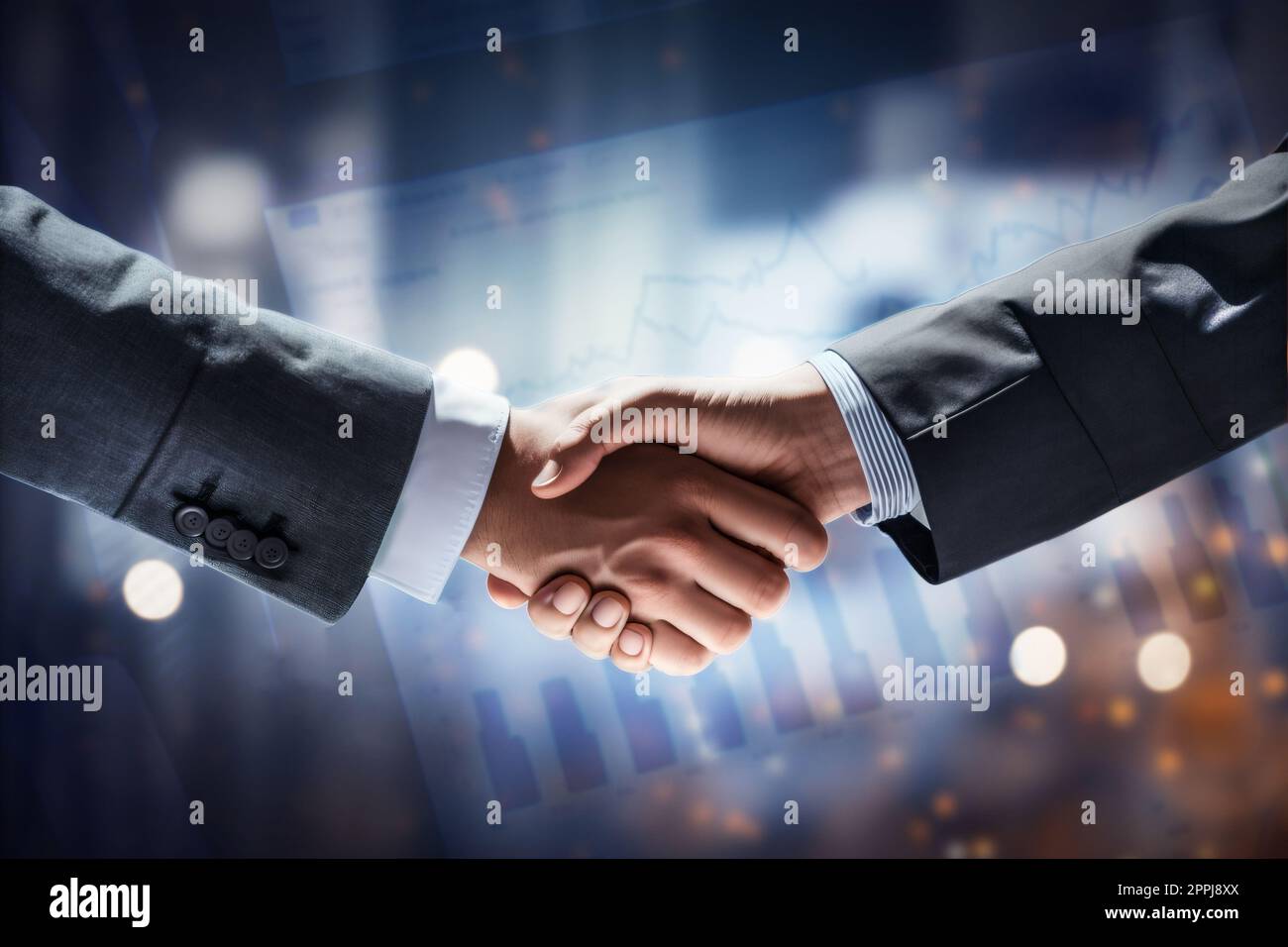 Händedruck und Glückwünsche, die Geschäftsleute feierten ihre erfolgreiche Leistung bei der Erfüllung eines komplexen Vertrags. Stockfoto