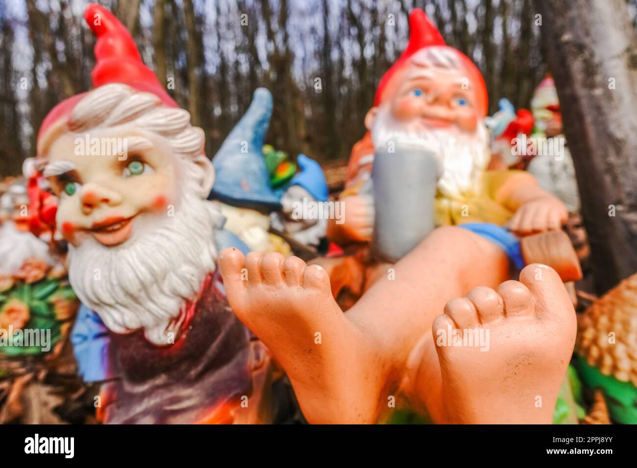 Farbenfrohe Gartenzwerge mit einem Bier an einem Ort im Wald Stockfoto
