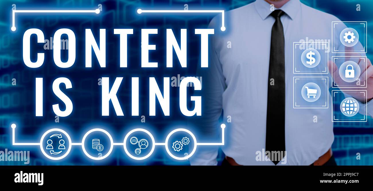 Das Schild, auf dem der Inhalt angezeigt wird, ist König. Unternehmensüberblick Inhalt ist das Herzstück heutiger Marketingstrategien Stockfoto