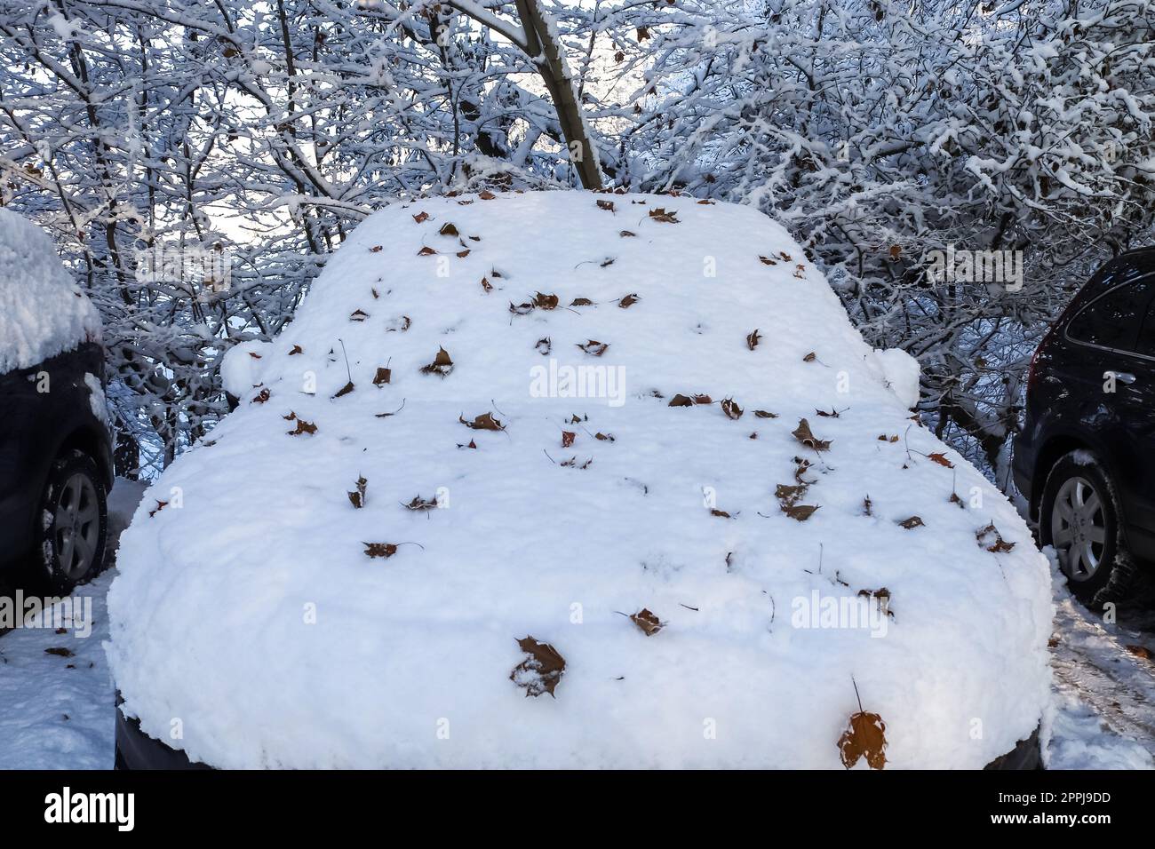 Ein Auto, das nach einem Schneesturm komplett mit dickem Schnee