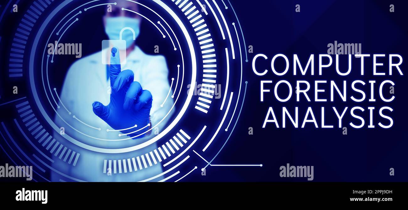Inspiration mit dem Zeichen Computer-forensische Analyse. Belege für Geschäftskonzepte in Computern und Speichermedien Stockfoto