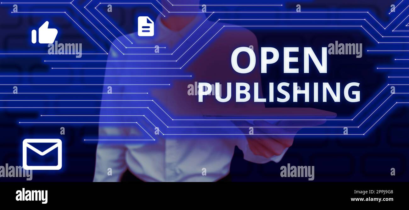 Textzeichen, das Open Publishing anzeigt. Internetkonzept Online-Zugang zu vielen öffentlich zugänglichen und vergriffenen Büchern Stockfoto