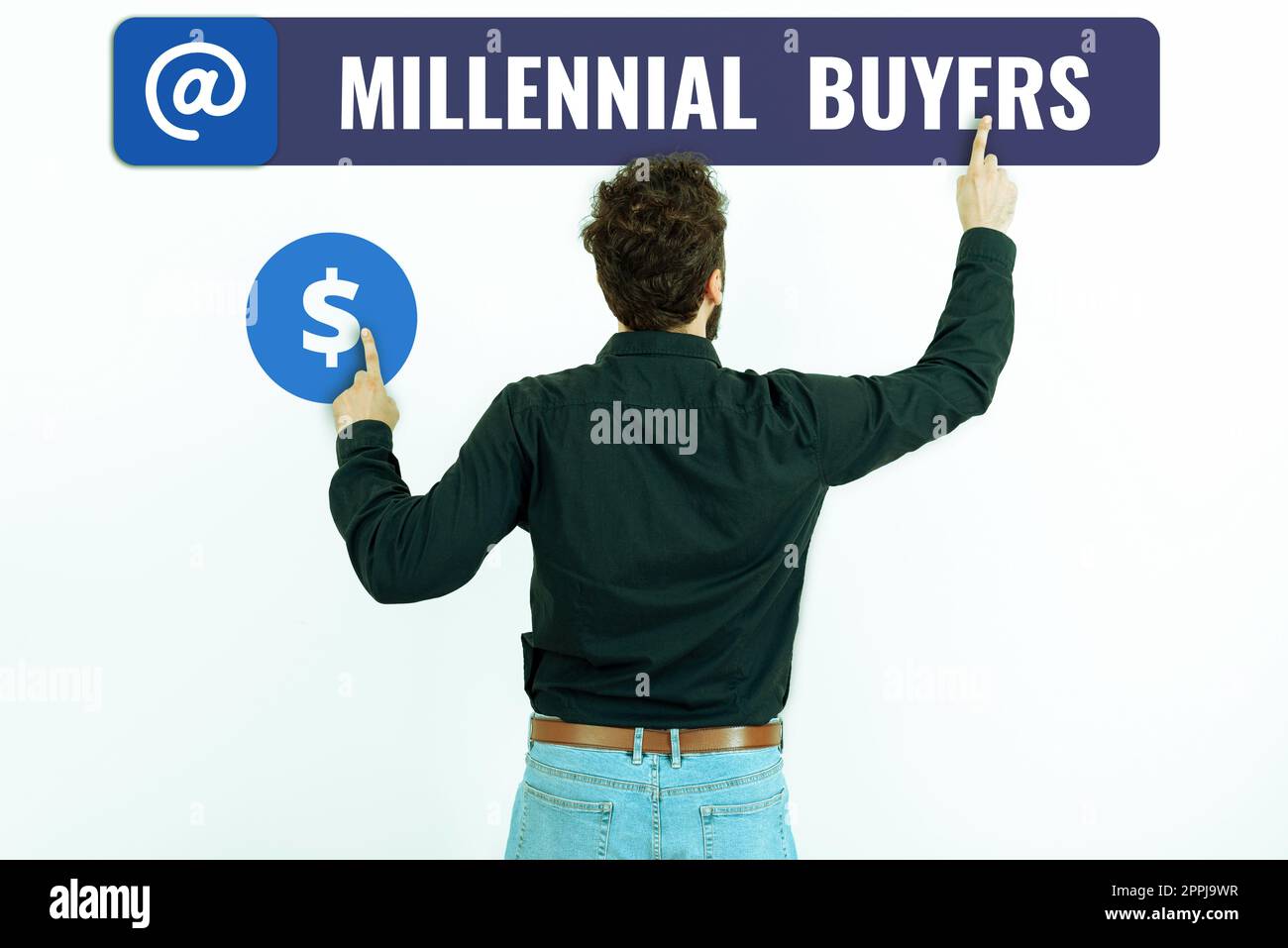Schild mit den Millennial Buyers. Geschäftsansatz Art der Verbraucher, die an Trendanalysen für Produkte interessiert sind Stockfoto