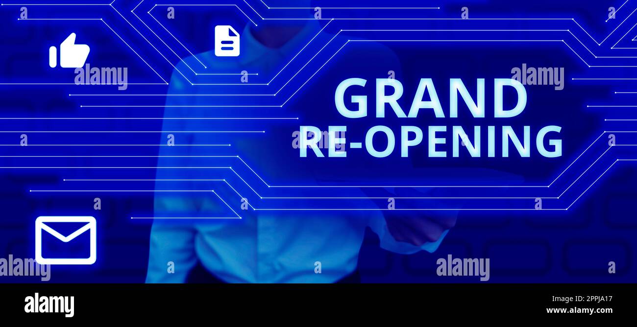 Handgeschriebenes Schild Grand Re Opening. Internetkonzept zur Eröffnung eines neuen Unternehmens oder öffentlichen Ortes Stockfoto