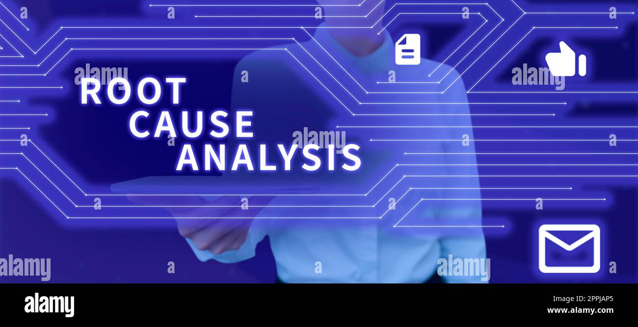 Textüberschrift mit Ursachenanalyse. Geschäftsidee Problemlösungsmethode Fehler oder Problem identifizieren Stockfoto