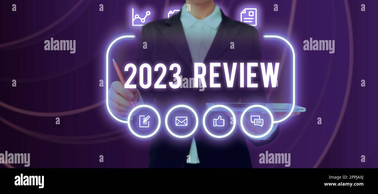 Schreiben Text anzeigen 2023 Überprüfung. Geschäftsansatz wichtige Ereignisse oder Aktionen des Vorjahres sehen Stockfoto