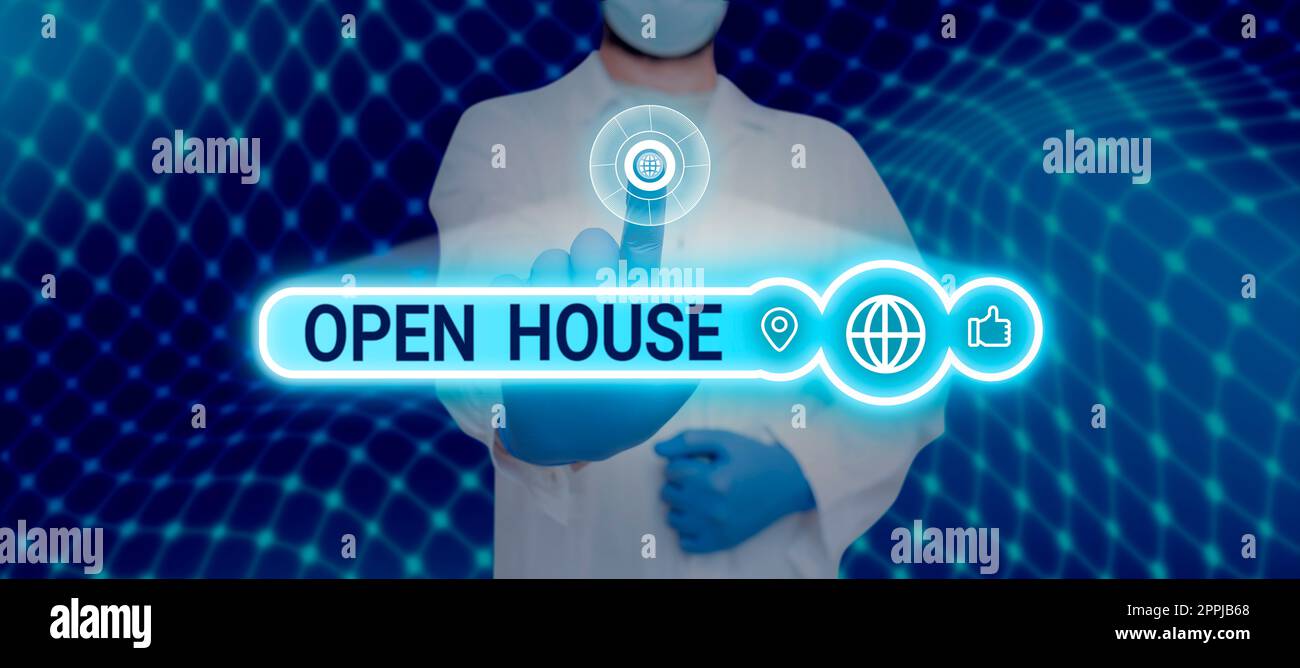 Inspiration mit Schild „Open House“. Geschäftsübersicht Sie können kommen, wann immer Sie wollen Fühlen Sie sich wie zu Hause Stockfoto