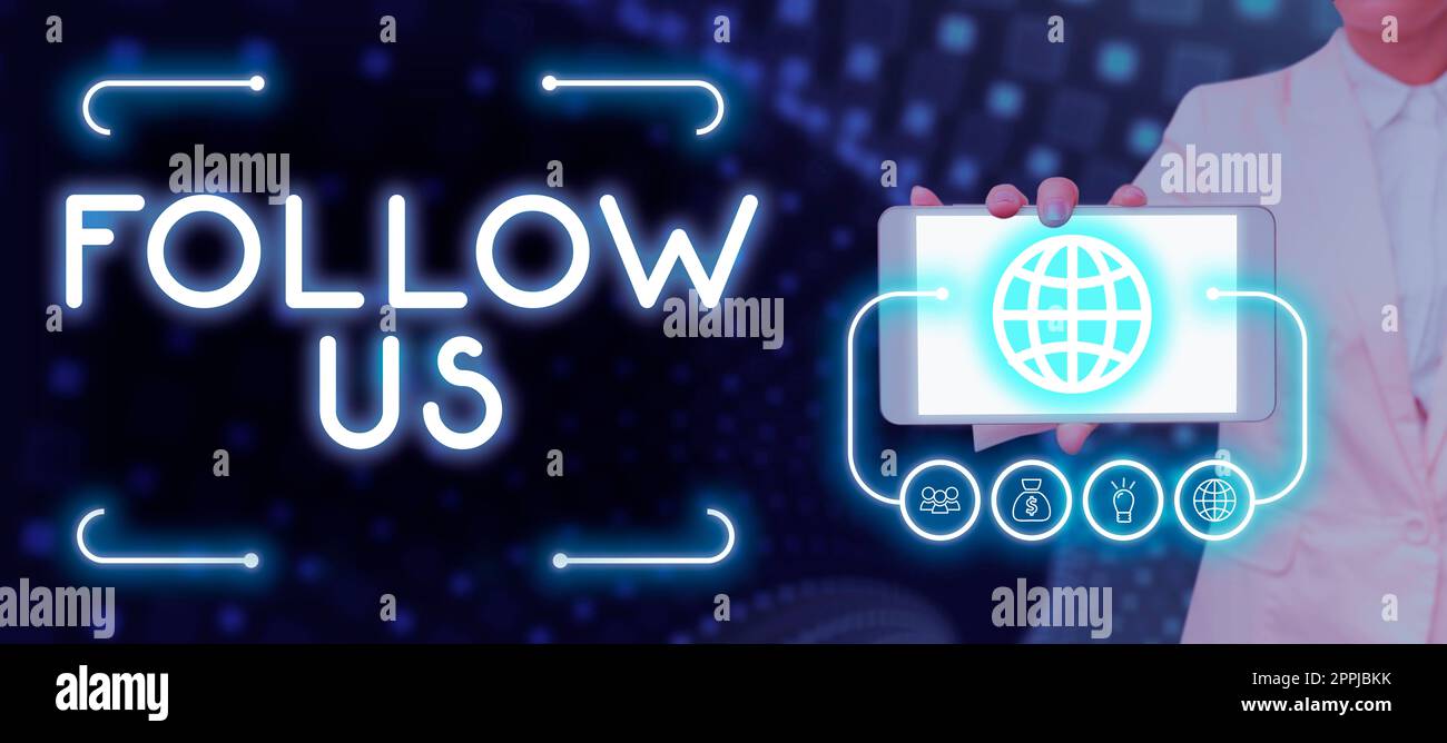 Handschrift Text Folgen Sie uns. Wort für, um eine Person oder Gruppe einzuladen, seinem Unternehmen beizutreten und Regeln zu übernehmen Stockfoto