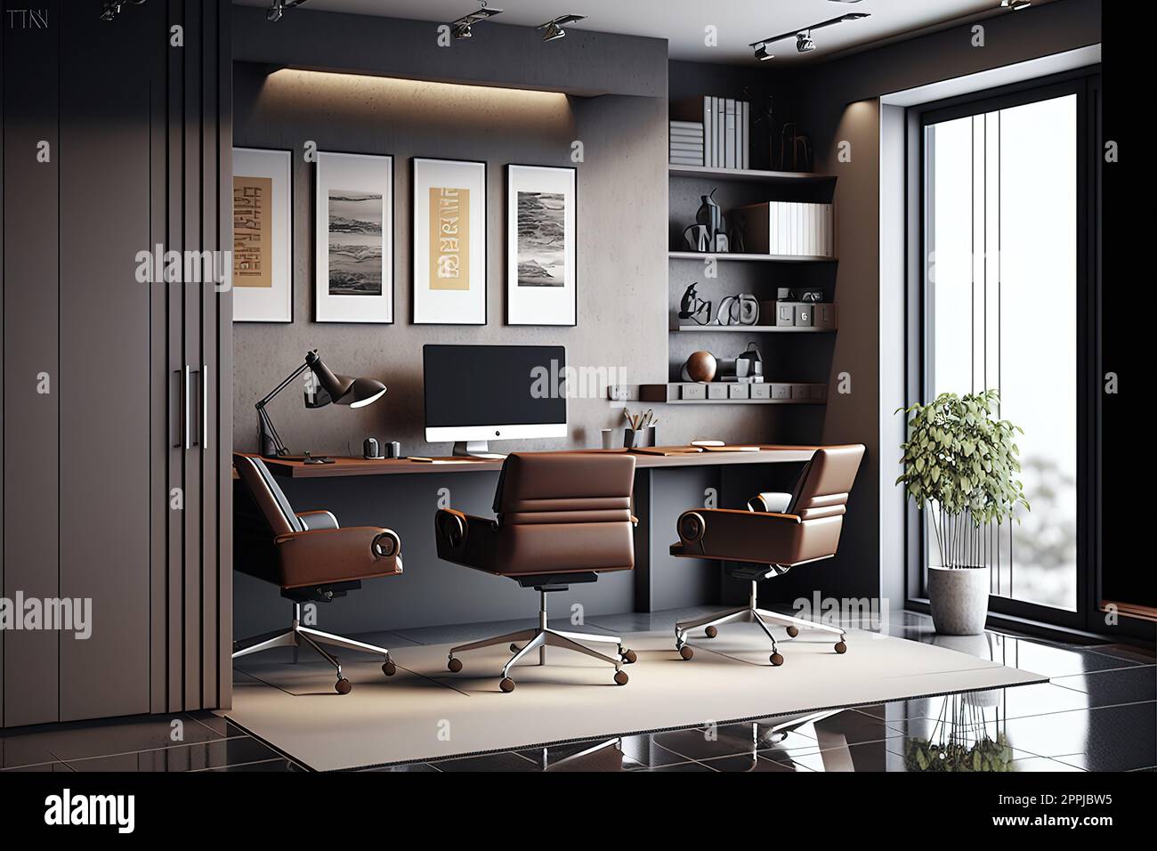 Graue und braune Büroeinrichtung mit Schreibtisch, stilvoller Nische, Schränken, Panoramablick, drei Rollstühlen und Betonboden. Konzept des modernen CEO-Arbeitsplatzdesigns Stockfoto