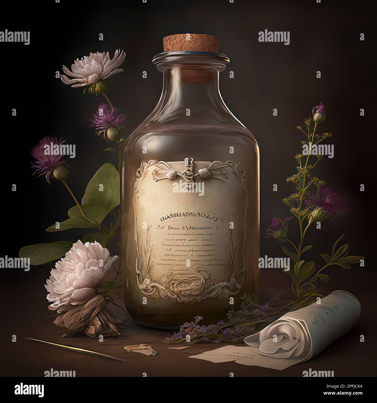 Vintage-Hintergrund mit einer Zaubertrankflasche und Blumen Stockfoto