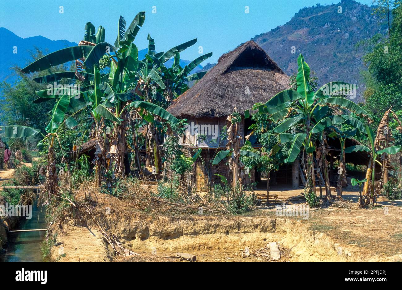 Gescannte Folie eines historischen Farbfotos von Haufenwohnungen in einem Dorf der ethnischen Minderheit der „blumigen Hmong“ in Nordvietnam im Red River Valley Stockfoto