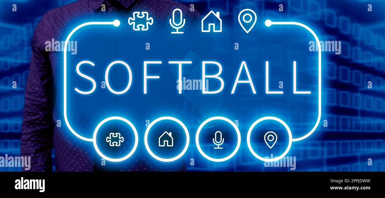Handschriftlicher Text Softball. Ein Wort für einen Sport, der dem Baseball ähnelt, der mit einem Ball und einem Schläger gespielt wird Stockfoto