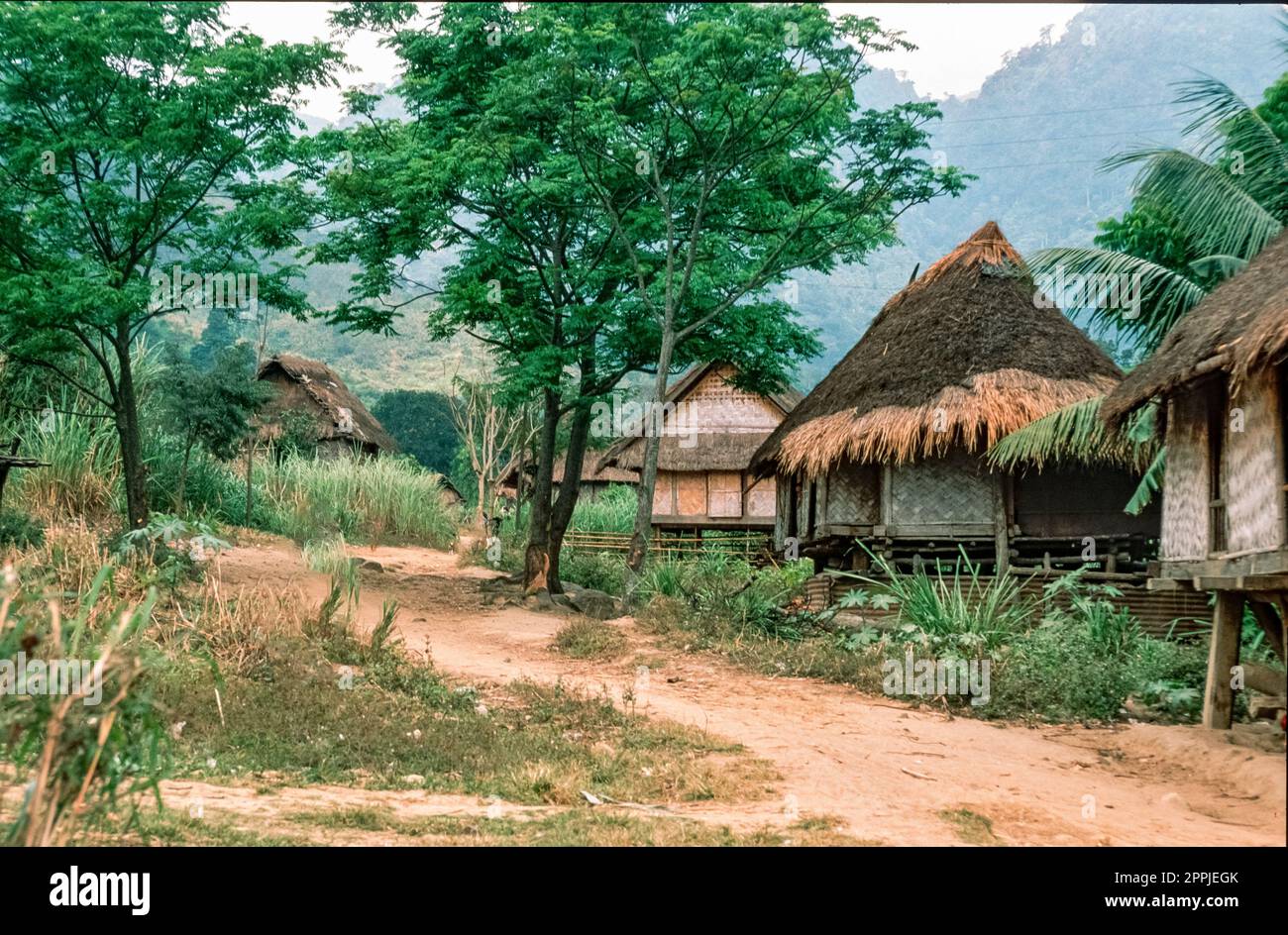 Gescannte Folie eines historischen Farbfotos eines Dorfes der ethnischen Minderheit der so genannten „Weißen Thailänder“ im Zentrum Vietnams Stockfoto