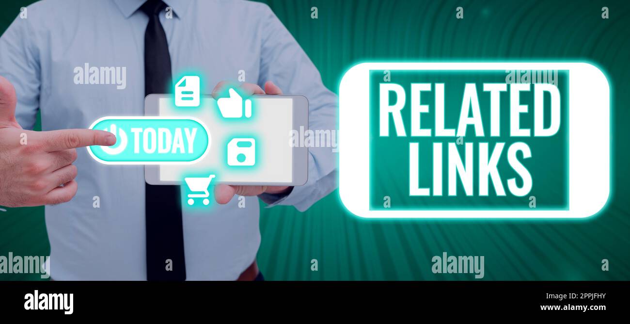 Inspiration mit Hinweisschildern zu verwandten Links. Unternehmensübersicht Website innerhalb einer Webseite Querverweis Hotlinks Hyperlinks Stockfoto