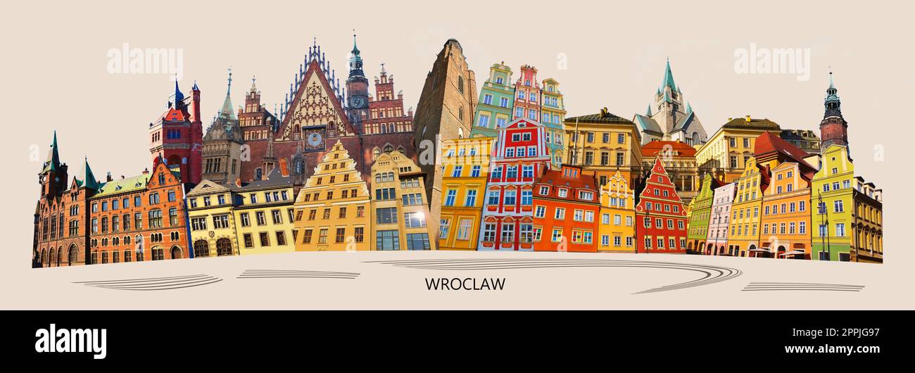 Eine europäische Stadt in Art Collage oder Design im modernen, zeitgenössischen Retro-Stil von Breslau - Polen Stockfoto
