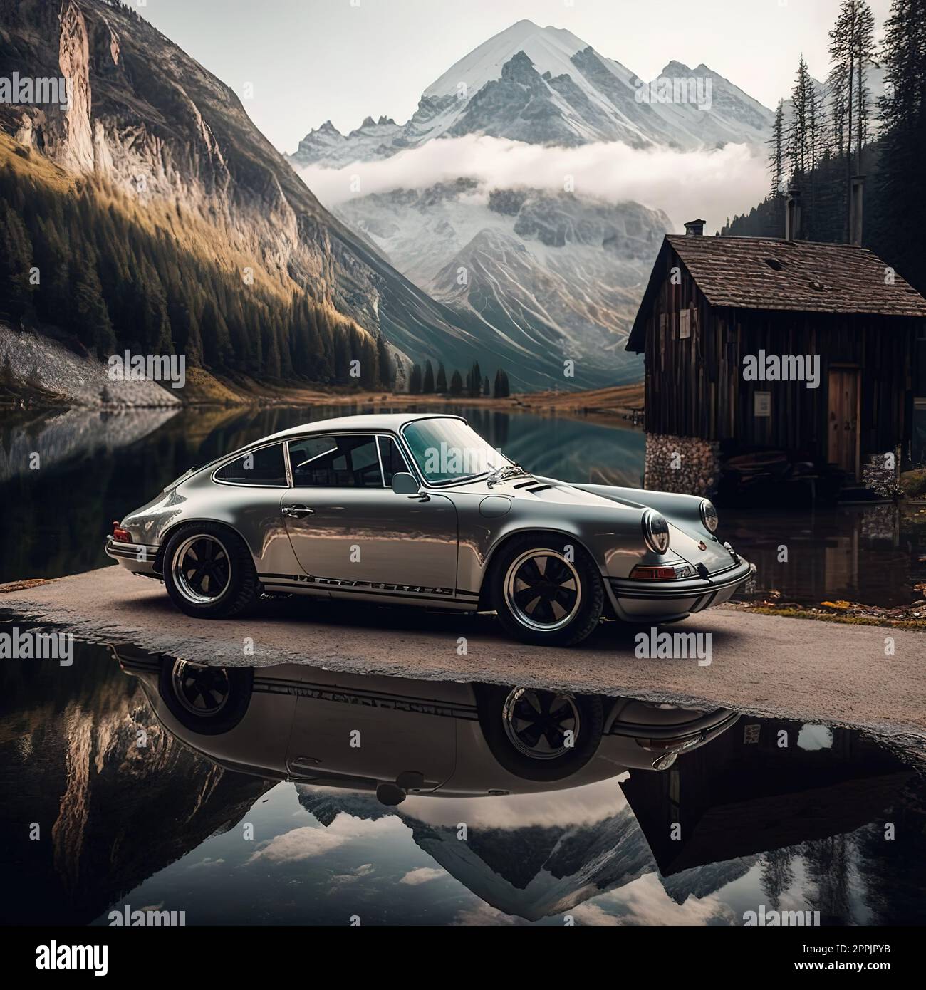 Porsche in den Alpen. Porsche 911 in der alpinen Landschaft. Stockfoto