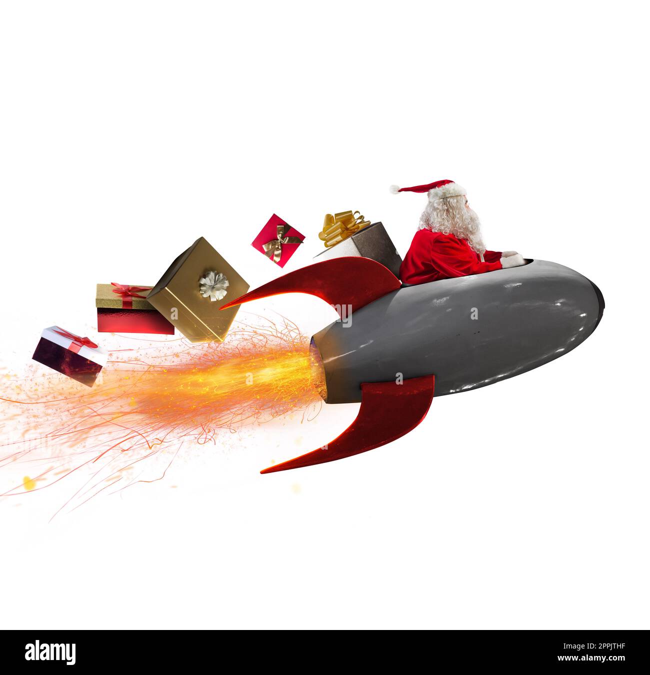 der weihnachtsmann liefert Geschenke mit einer schnellen Weltraumrakete Stockfoto
