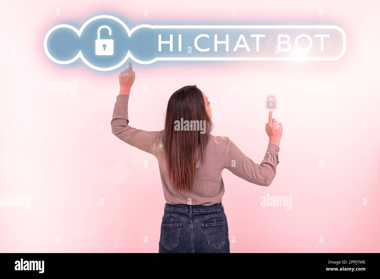 Inspiration mit dem Schild „Hi Chat bot. Business Showcase Begrüßung an Robotermaschine, die auf eine gesendete Nachricht antwortet Stockfoto