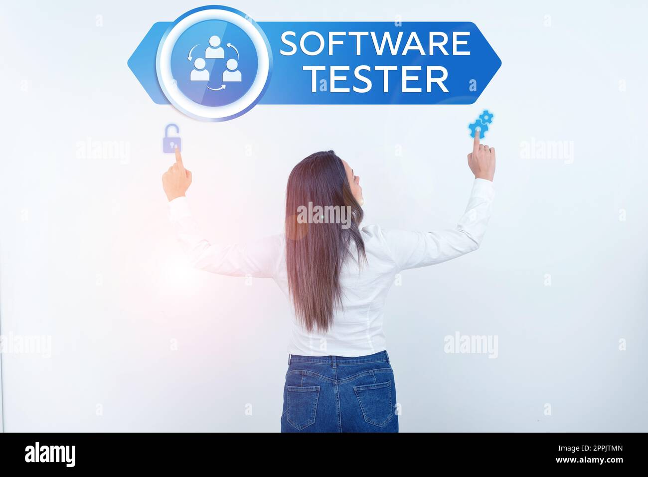 Schild zeigt Softwaretester an. Unternehmensübersicht zum Schutz der Software vor böswilligen Angriffen implementiert Stockfoto