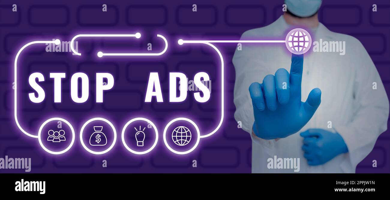 Textunterschrift für Stop Ads. Konzept bedeutet Programm, das verschiedene Arten von Werbung aus dem Web entfernt Stockfoto