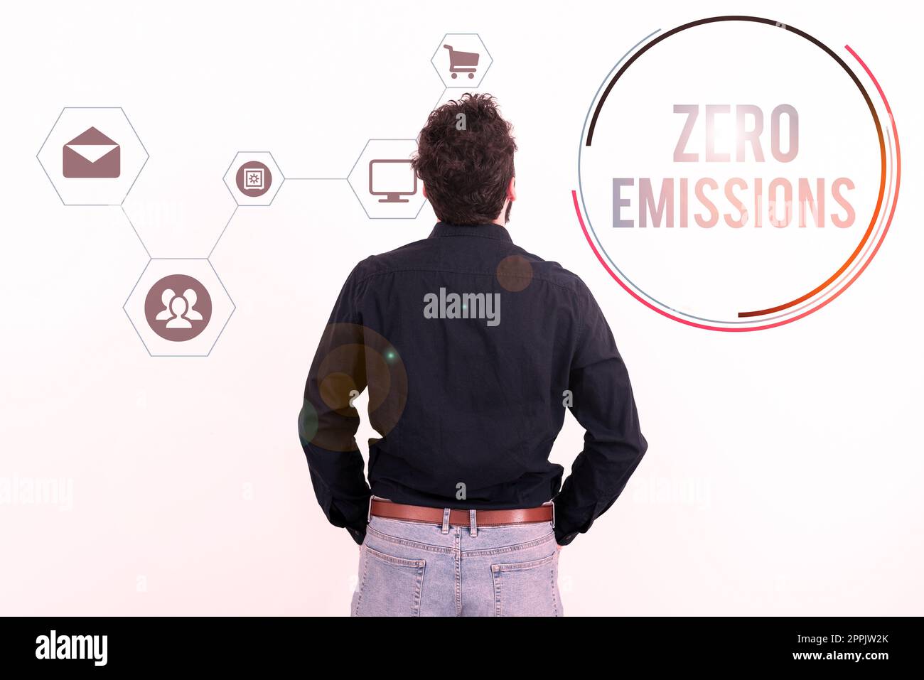 Schild mit dem Hinweis „Null Emissionen“. Der Geschäftsansatz setzt keine umweltschädlichen Abfallprodukte frei Stockfoto