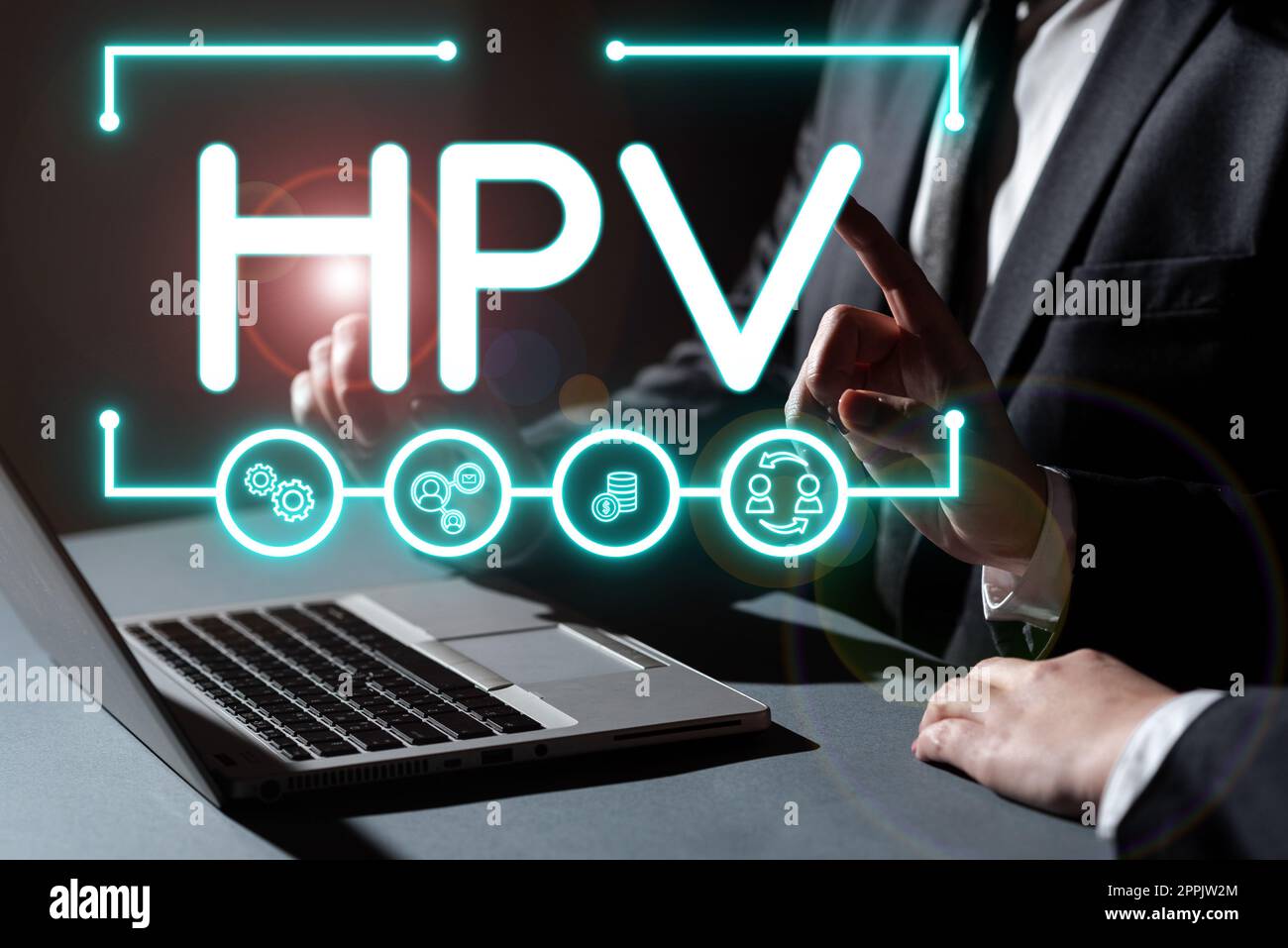 Textbeschriftung zur Darstellung von HPV. Internetkonzept Gruppe von Viren, die Ihre Haut und die feuchten Membranen befallen Stockfoto