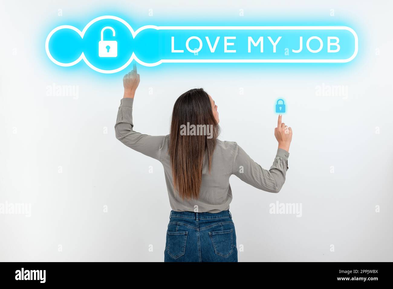 Textunterschrift mit „Liebe meinen Job“. Ein Wort dafür, dass man mit der Arbeit zufrieden ist, die man macht, wenn man sich wohl fühlt Stockfoto