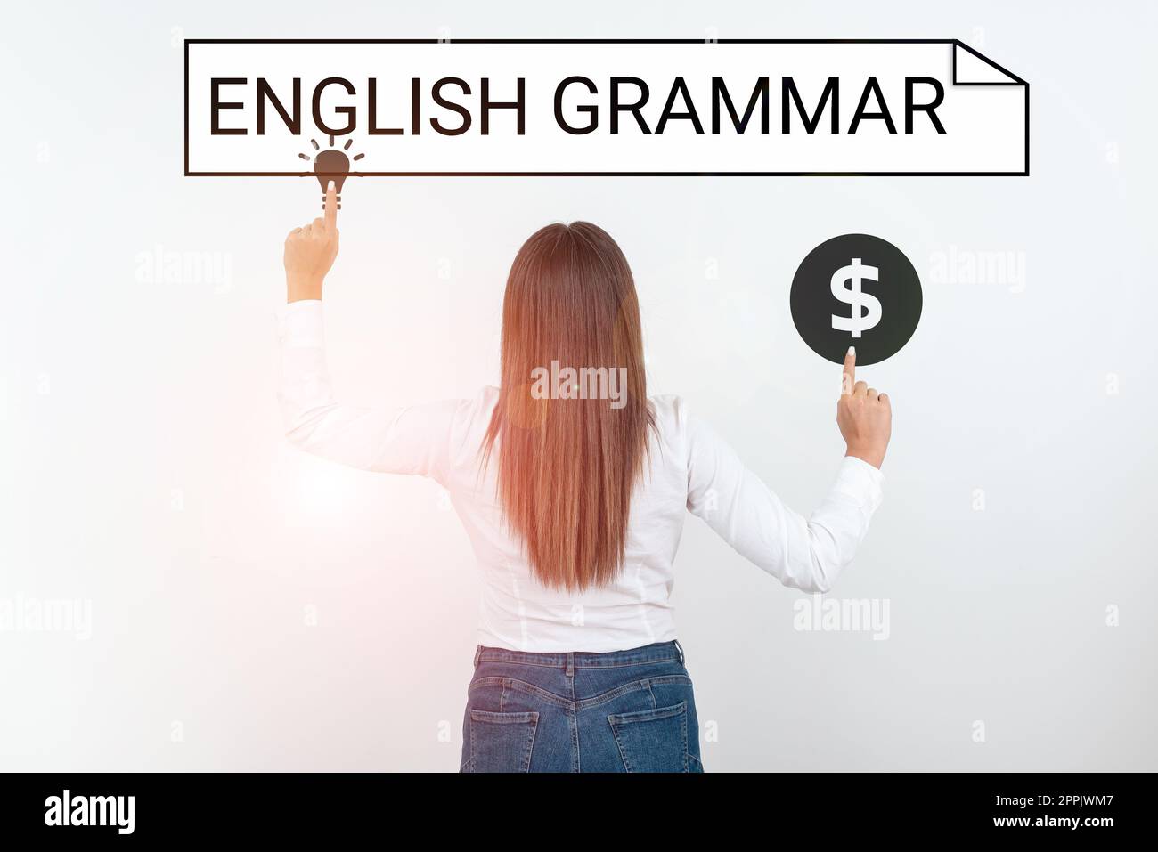 Inspiration mit Zeichen für englische Grammatik. Die Kurse zur Unternehmensüberblick decken alle Ebenen der englischen Sprache und des Schreibens ab Stockfoto