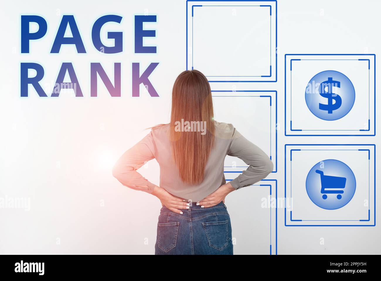 Handschriftlicher Text Seitenrang. Unternehmen präsentieren einen Wert, der einer Webseite als Maß für ihre Beliebtheit zugewiesen wird Stockfoto
