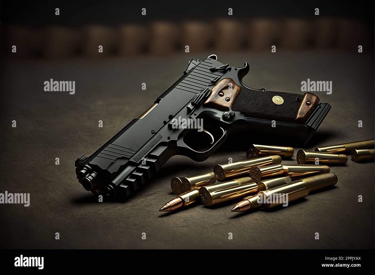 Handfeuerwaffe mit Munition auf dunklem Hintergrund. 9-mm-Pistole, Militärwaffe und ein Haufen Munition am Metalltisch Stockfoto