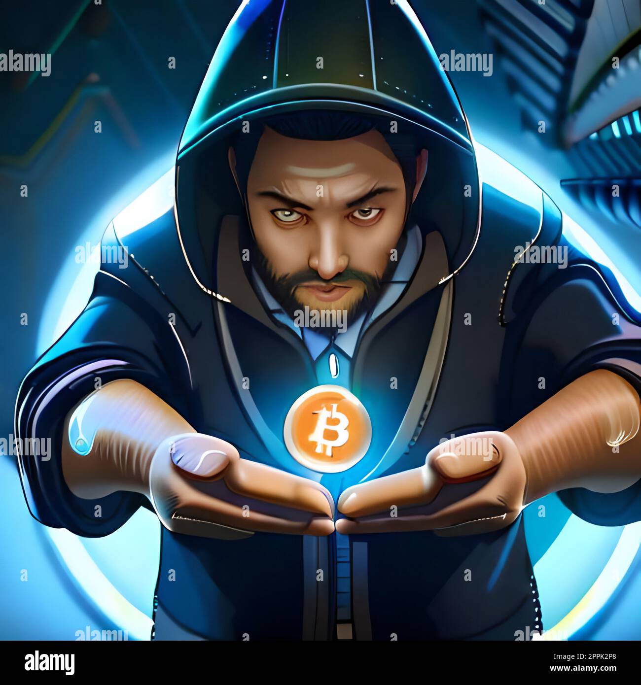 Konzeptionelles Bild eines Hackers, der Bitcoin besitzt. Stockfoto