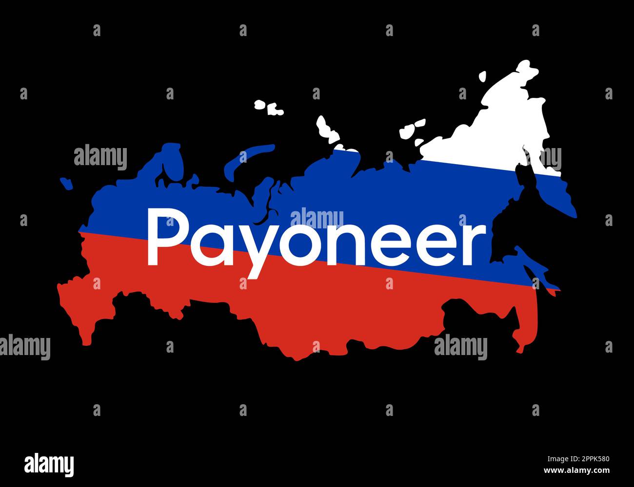 Kiew, Ukraine – November 15 2022: Logo des Finanzsystems Payoneer auf der Landkarte mit russischer Flagge im Hintergrund. Sanktionen gegen Russland und Trennung von der Zahlung durch den Krieg. Stockfoto