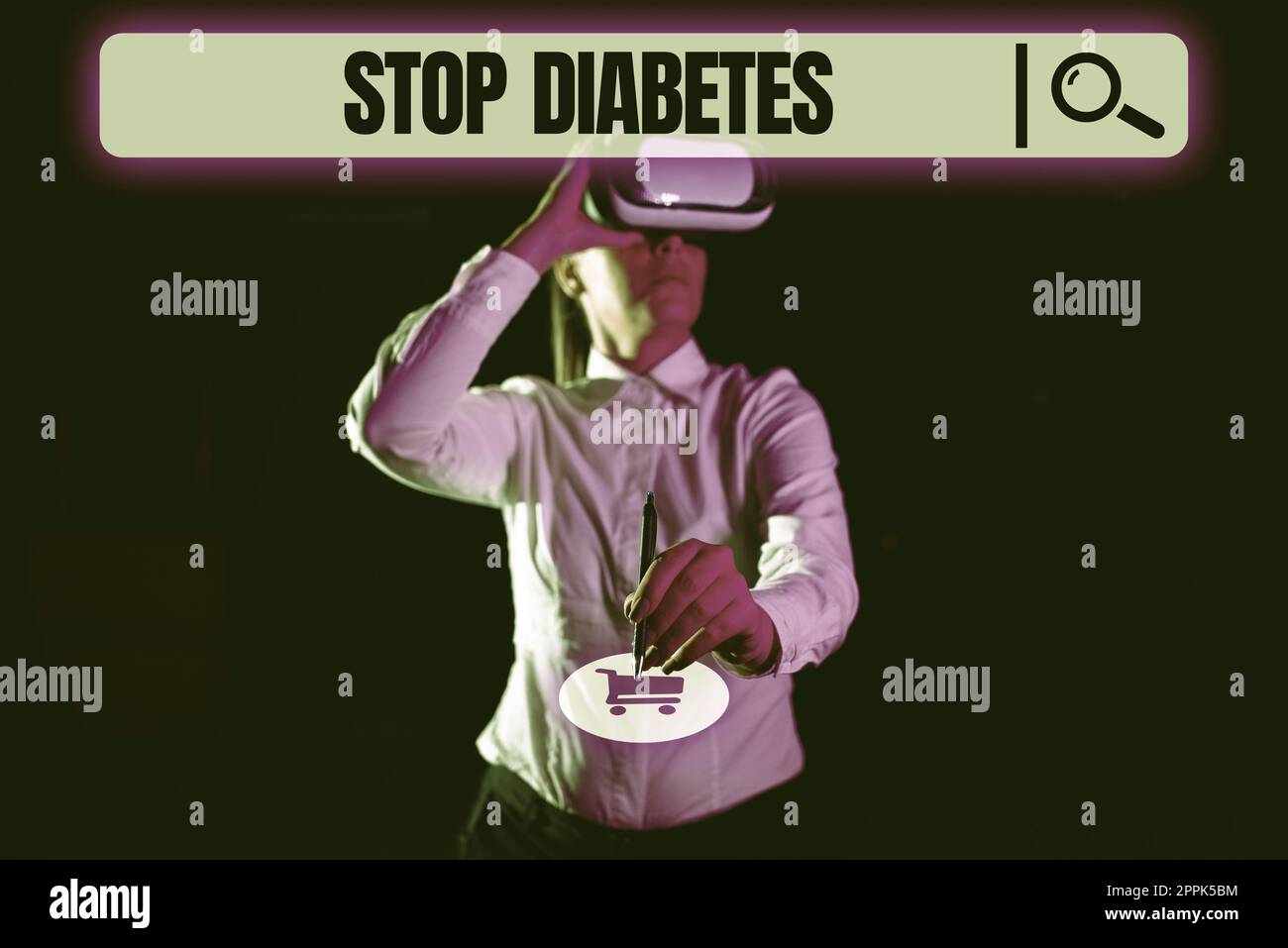 Schild zeigt "Stop Diabetes" an. Das Geschäftskonzept setzte der Abhängigkeit von Substanzen wie Heroin oder Kokain ein Ende Telefonbildschirm mit wichtigen Nachrichten am Schreibtisch mit Tastatur, Stift und Kaffee. Stockfoto
