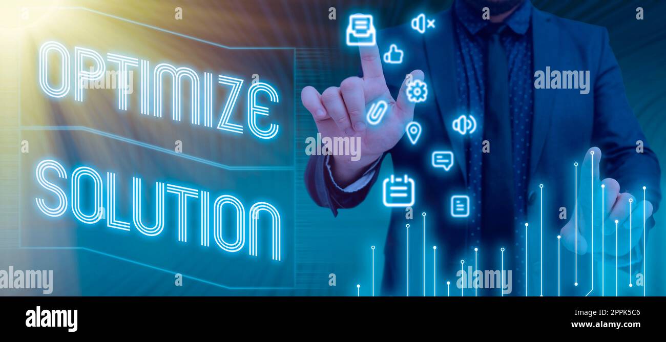 Inspiration zeigt Zeichen Optimize Solution. Geschäftsüberblick Prozess zur Ermittlung des größtmöglichen Werts der Lösung Stockfoto