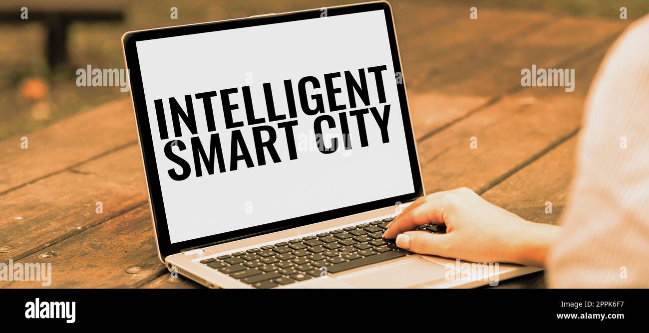 Textschild mit Intelligent Smart City. Wort für Urban intelligent Building Automation System Business Stockfoto
