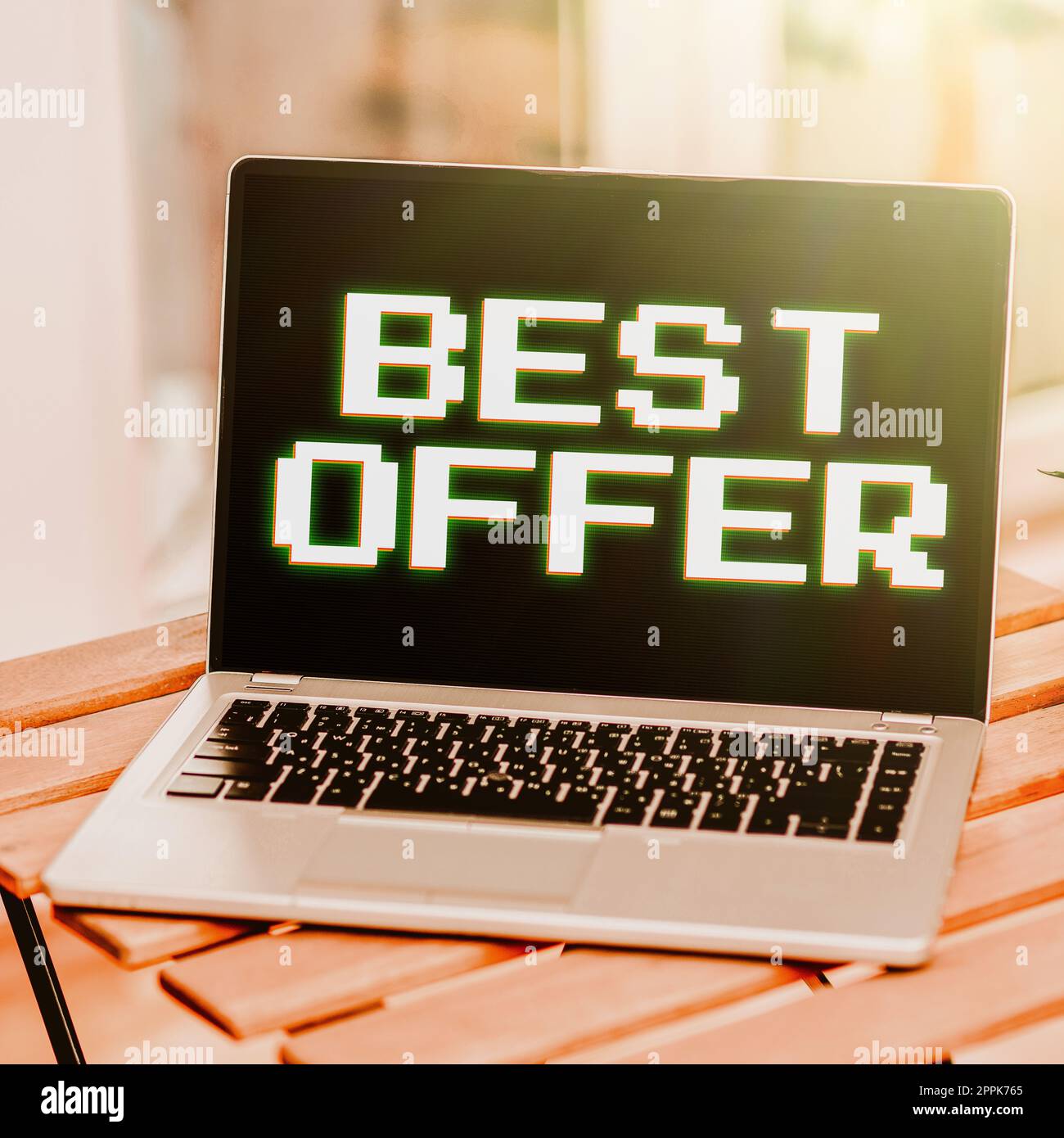 Textschild mit dem Aufzeigetext „Bestes Angebot“. Konzeptionelles Foto, um jemanden zu überzeugen, indem Sie all die Größe wiedergeben, die Sie geben können Stockfoto