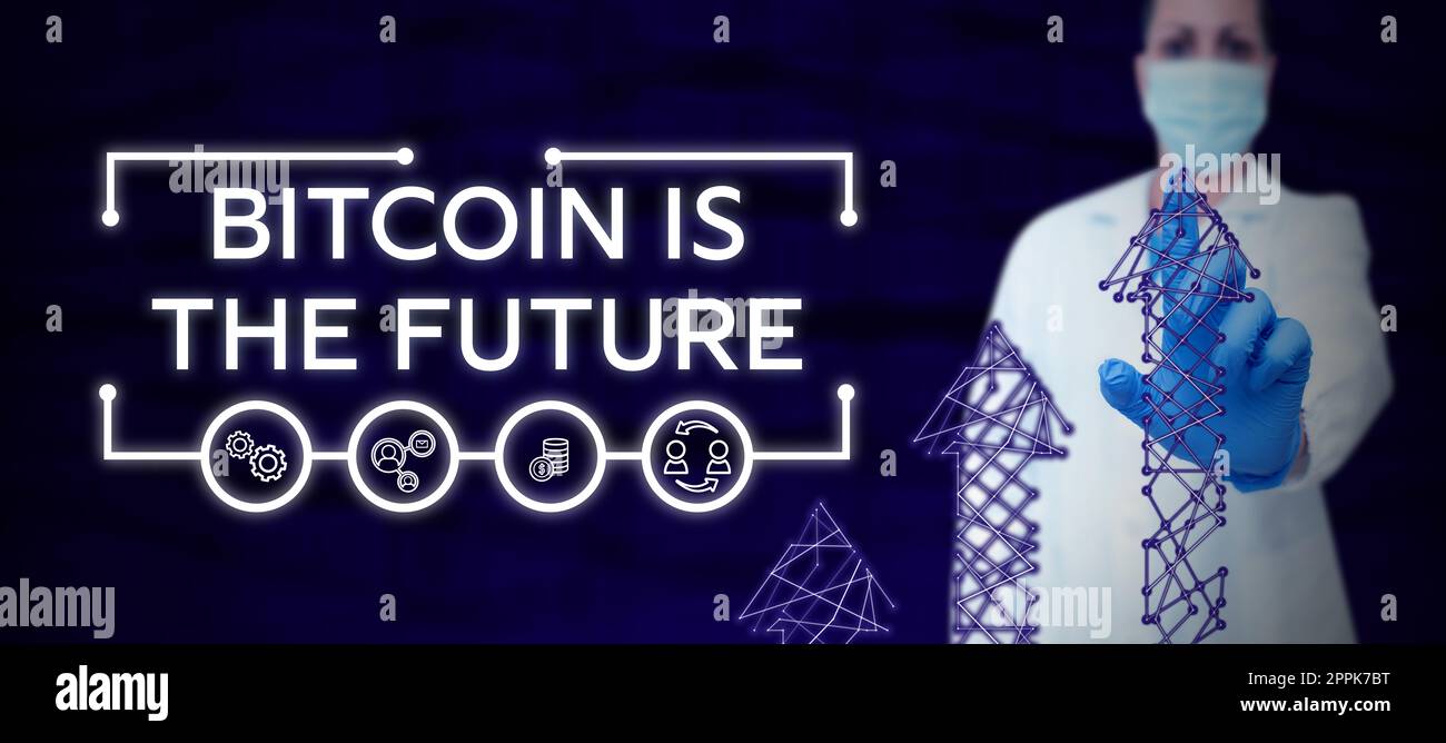Das Schreiben mit der Anzeige von Text Bitcoin ist die Zukunft. Digitaler Marktplatz mit Internetkonzept, auf dem Händler Bitcoins kaufen und verkaufen können Stockfoto