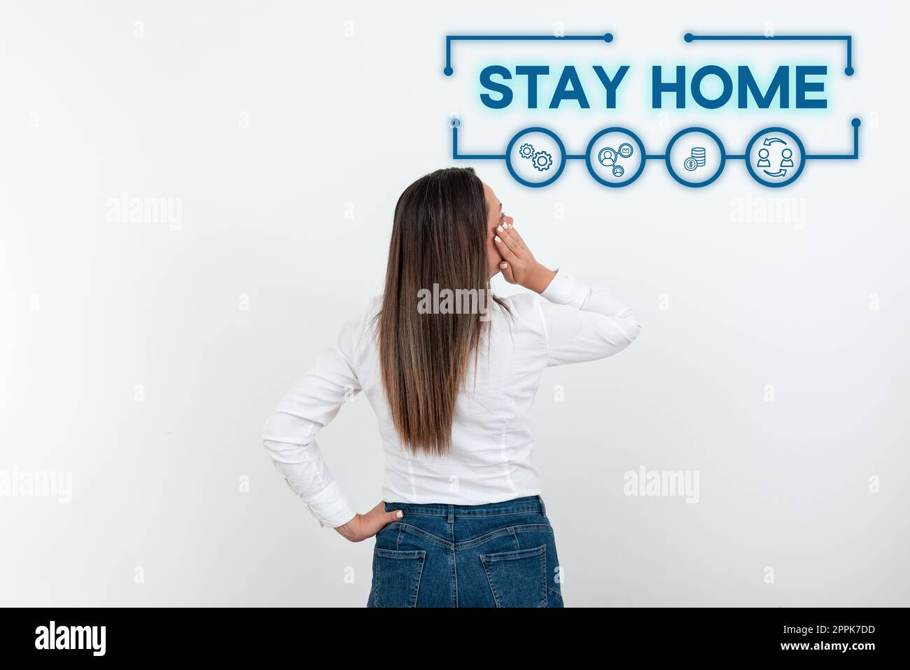 Textunterschrift für „Stay Home“. Geschäftsvorführung geht nicht für eine Aktivität raus und bleibt im Haus oder zu Hause Stockfoto