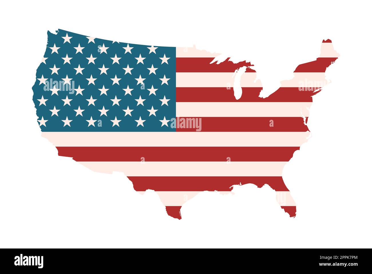 Karte der USA mit amerikanischer Flagge. Nationales Symbol der Vereinigten Staaten von Amerika. Grafisches Design-Element. Isoliert auf weißem Hintergrund. Vintage-Farben. Stock Vektor