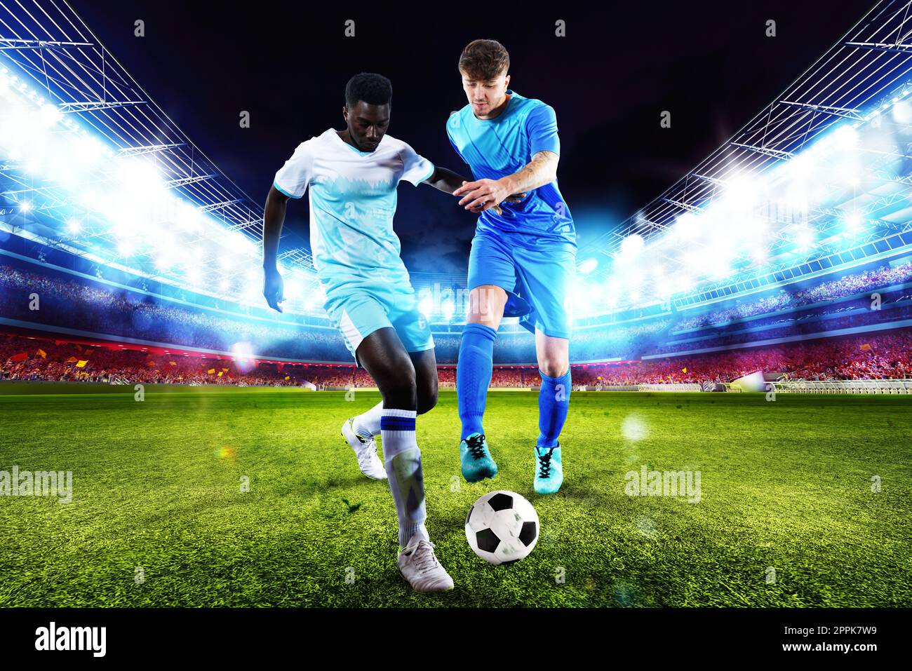 Fußball-Action-Szene mit konkurrierenden Fußballspielern im Stadion Stockfoto