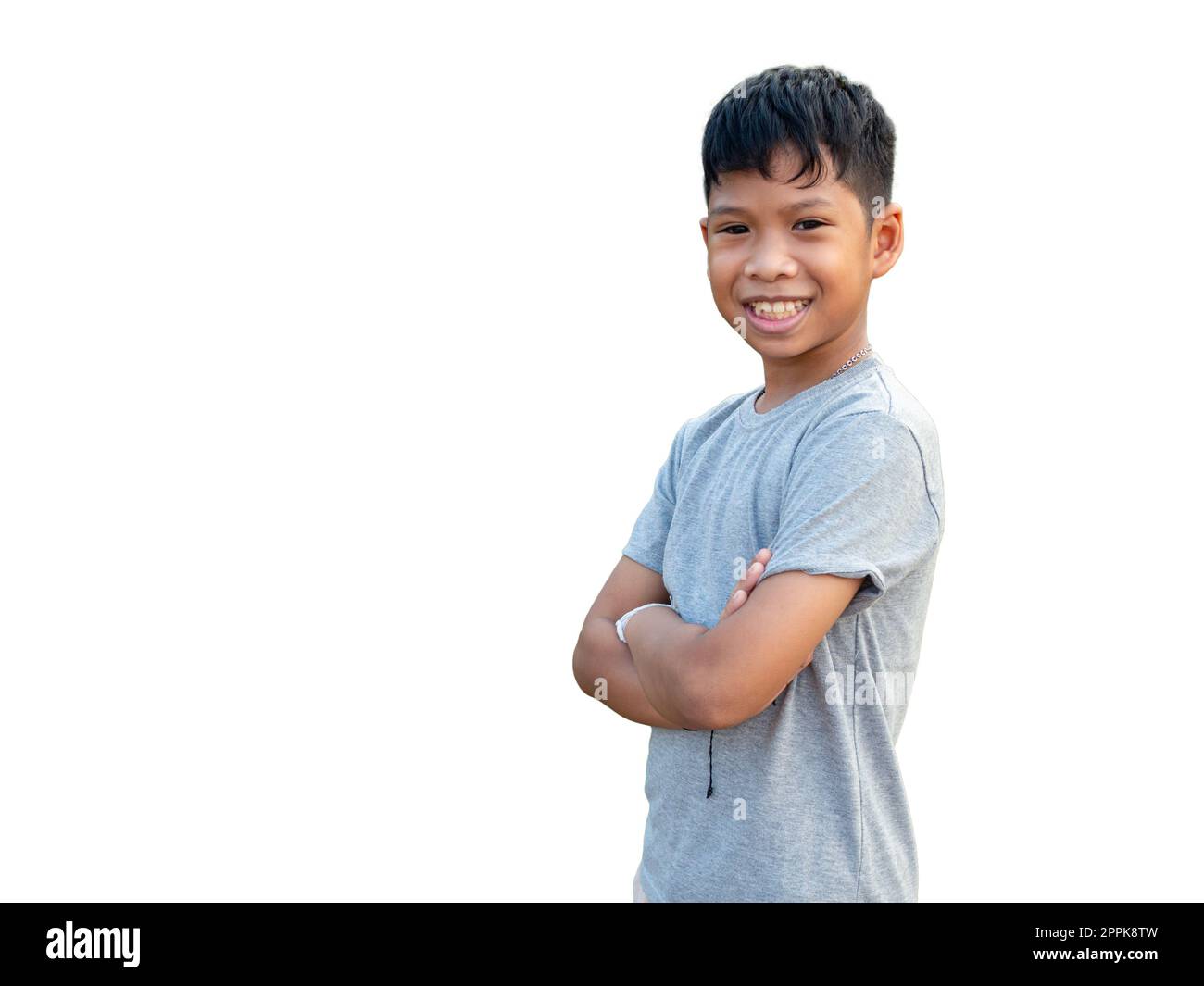 Porträt eines lächelnden Jungen isoliert auf weißem Hintergrund Stockfoto