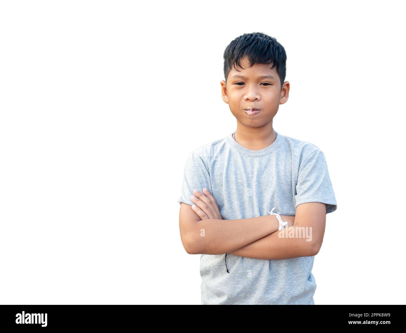 Porträt eines lächelnden Jungen isoliert auf weißem Hintergrund Stockfoto