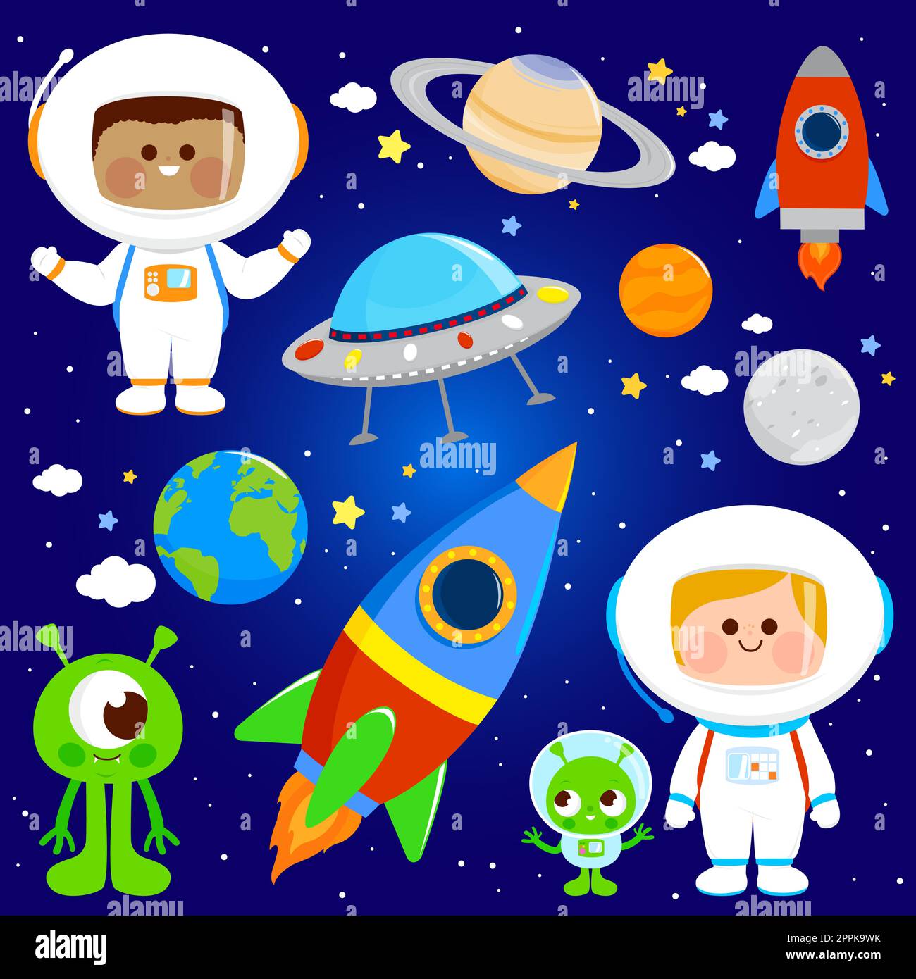 Astronautenkinder und Außerirdische im Weltraum. Mädchen und Jungen in Astronautenanzügen, Raumschiffen und UFO. Vektorbildungs-Set Stock Vektor